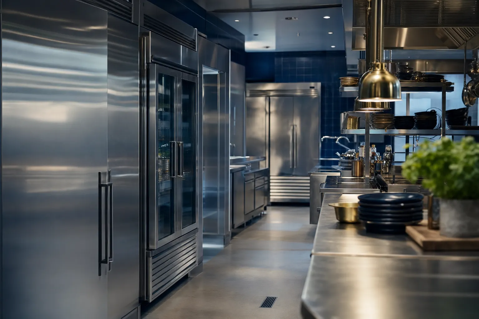 Clean professional restaurant kitchen with stainless-steel refrigeration