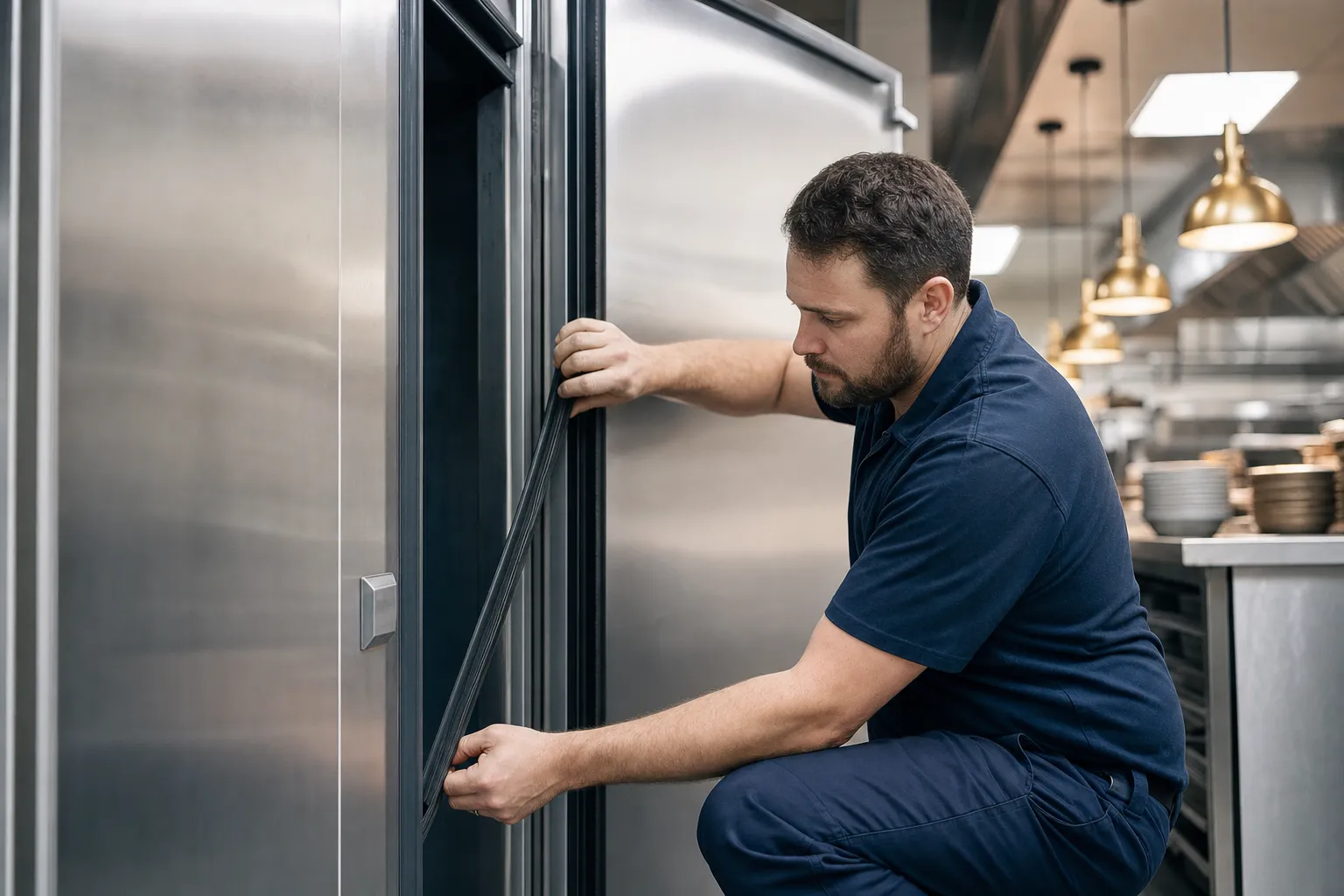 Refrigeration technician installing a new gasket on a commercial cooler door