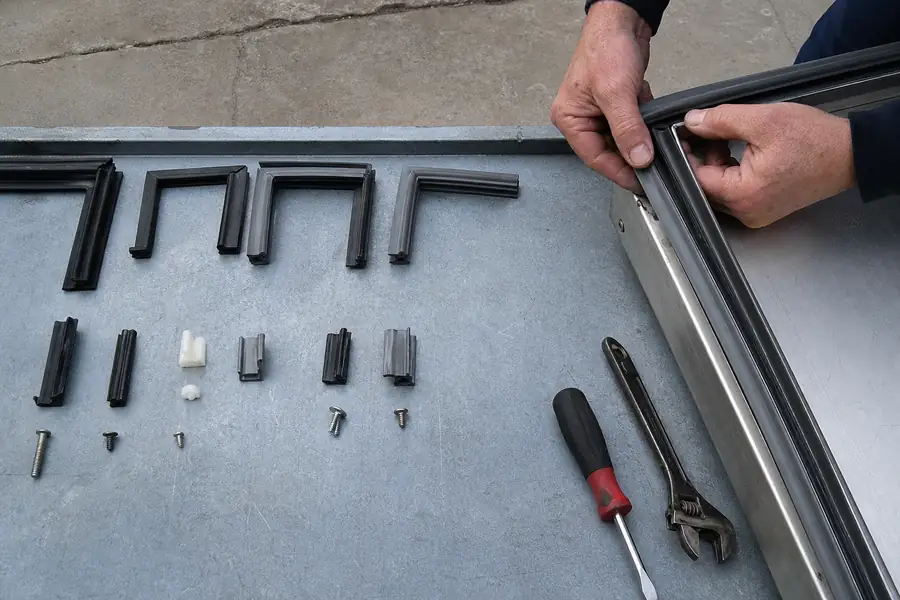 Action-oriented service photograph for “Gasket Mounting Profiles: Snap-In, Push-In, Screw-In and Compression.” Show one comparison flat-lay. Include technician hands and only the appropriate practical tools where relevant, with the commercial refrigeration door or seal clearly visible and the process easy to understand from the image alone. Relevant equipment: All 20 unit types in the catalogue. Relevant manufacturers when naturally visible: True (snap-in dominant), Traulsen, Delfield, Anthony, Bally. Authentic field-service atmosphere, realistic equipment condition, no promotional posing, 16:9 landscape.
