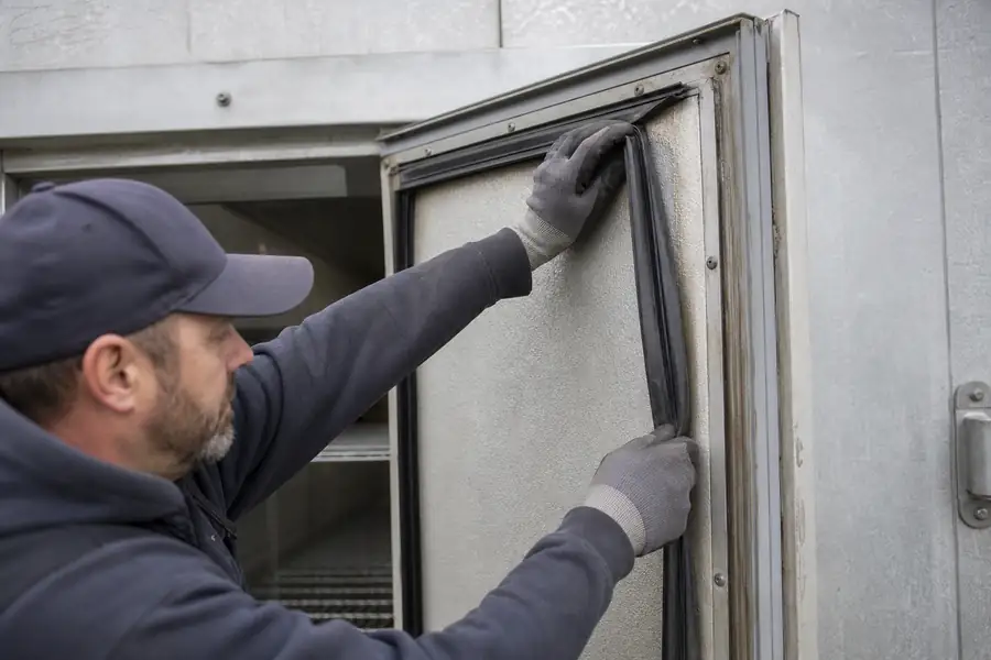 Action-oriented service photograph for “The Walk-In Door Maintenance Checklist for Commercial Kitchens.” Show an experienced commercial refrigeration gasket technician carrying out the central inspection, measurement or service step described in “The Walk-In Door Maintenance Checklist for Commercial Kitchens”. Include technician hands and only the appropriate practical tools where relevant, with the commercial refrigeration door or seal clearly visible and the process easy to understand from the image alone. Relevant equipment: Walk-in coolers and freezers. Relevant manufacturers when naturally visible: Kolpak, Nor-Lake, Master-Bilt, Bally. Authentic field-service atmosphere, realistic equipment condition, no promotional posing, 16:9 landscape.